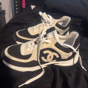 CHANEL Black & Cream CC Logo Athletic Sneakers